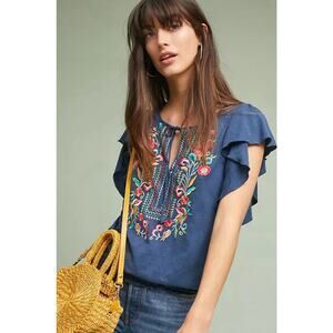 Anthro Ranna Gill Enesta Sz S Tie Frnt Blue Colorful Embroidery Long Flutter Slv